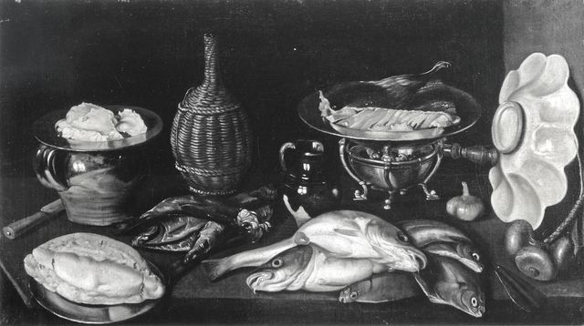 Anonimo — Anonimo tedesco-austriaco sec. XVII - Natura morta con pesci, pane, braciere, burro e cipolle — insieme